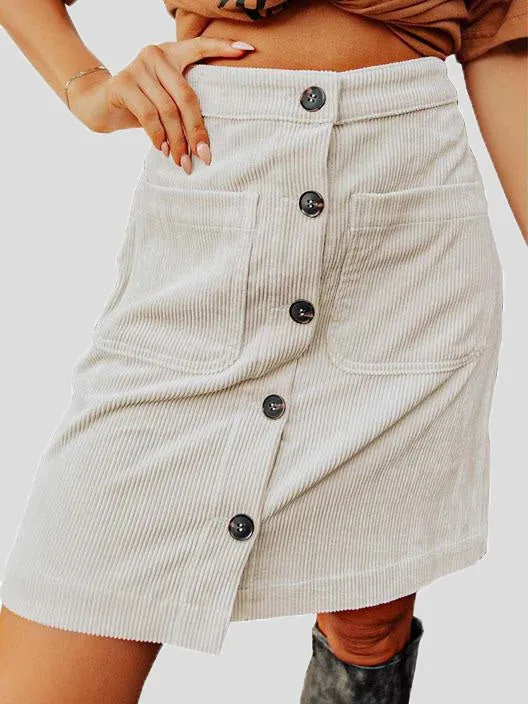 Skirts Corduroy High Waist Button Pocket Skirt for Women