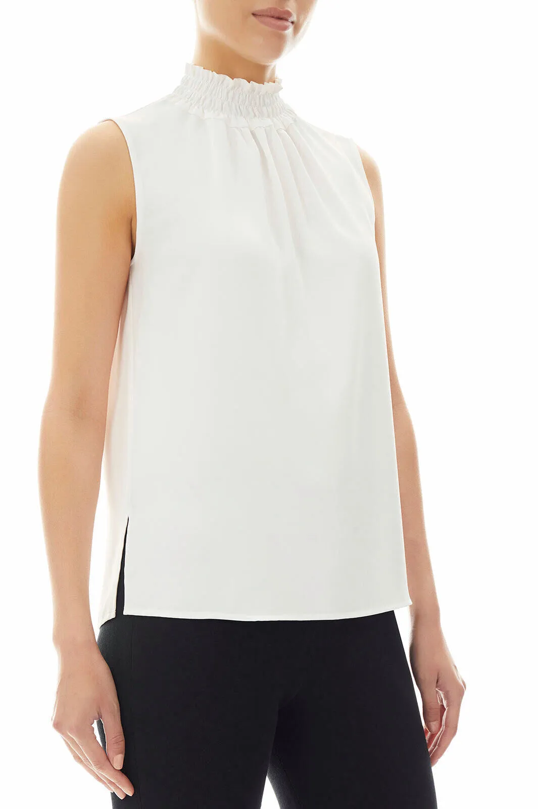 Smocked Neckline Crepe de Chine Blouse, White