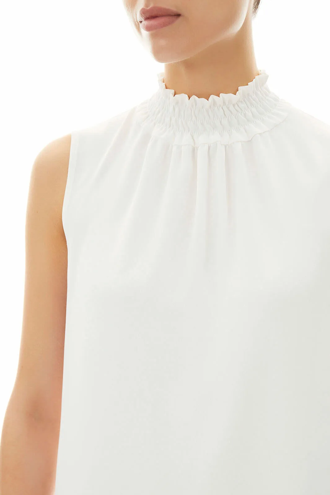 Smocked Neckline Crepe de Chine Blouse, White