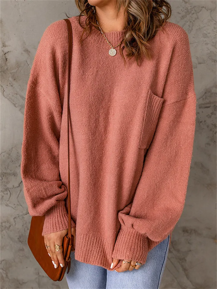 Solid Color Casual Long Sleeve Sweater with Pockets