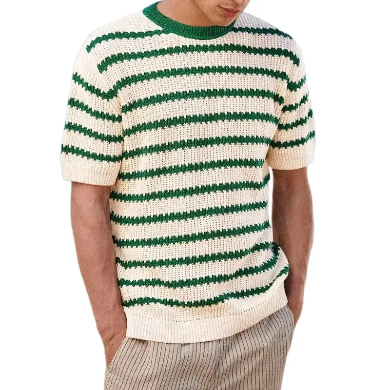 Wiaofellas  -  Vintage Holiday Style Striped Tees Pullover Men Clothing Casual Short Sleeve Knitted Shirts Fashion O-Neck T Shirt Tops