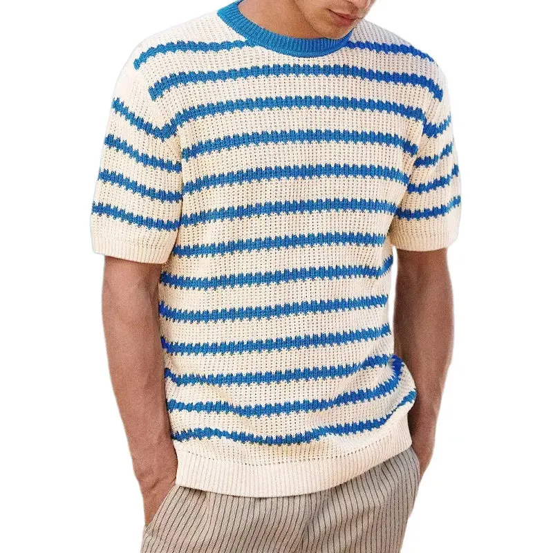 Wiaofellas  -  Vintage Holiday Style Striped Tees Pullover Men Clothing Casual Short Sleeve Knitted Shirts Fashion O-Neck T Shirt Tops