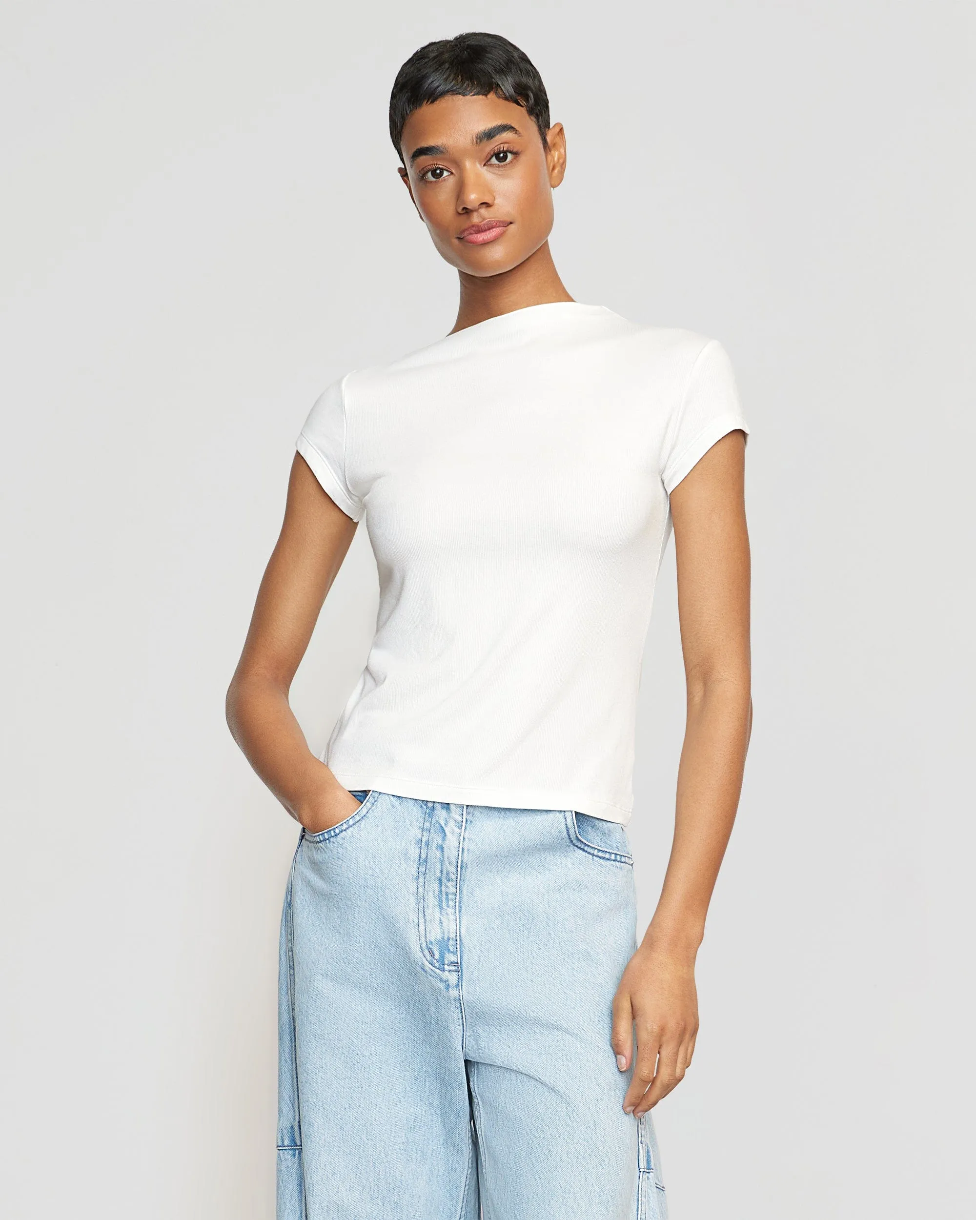 Zaya Ribbed Asymmetric-Neck Tee